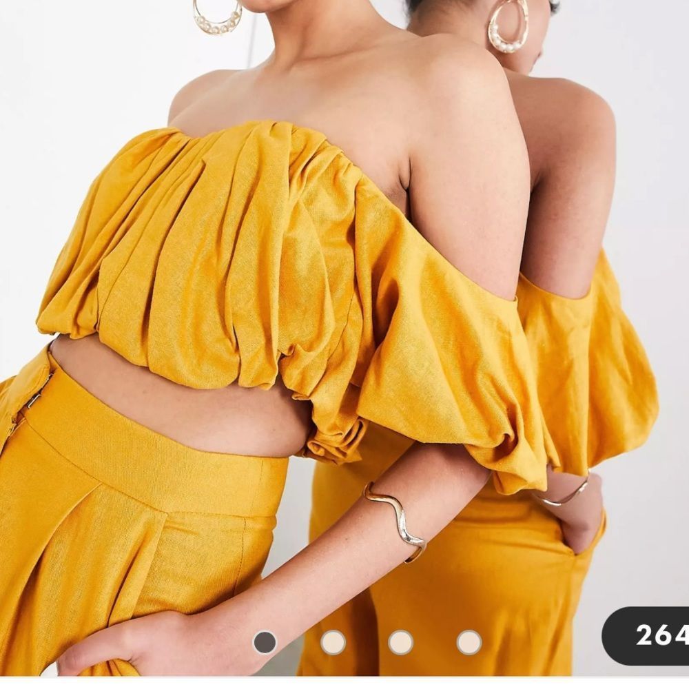 ASOS EDITION puffball off shoulder top mustard -top only Sz12  NWT IN PACKAGING